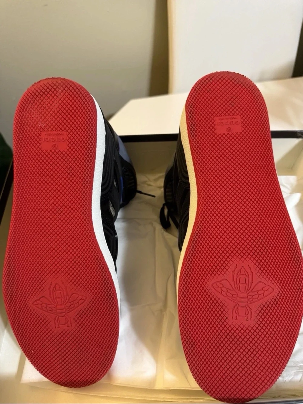 Gucci High-Top Sneakers in Black, Beige & Red with Blue Accents